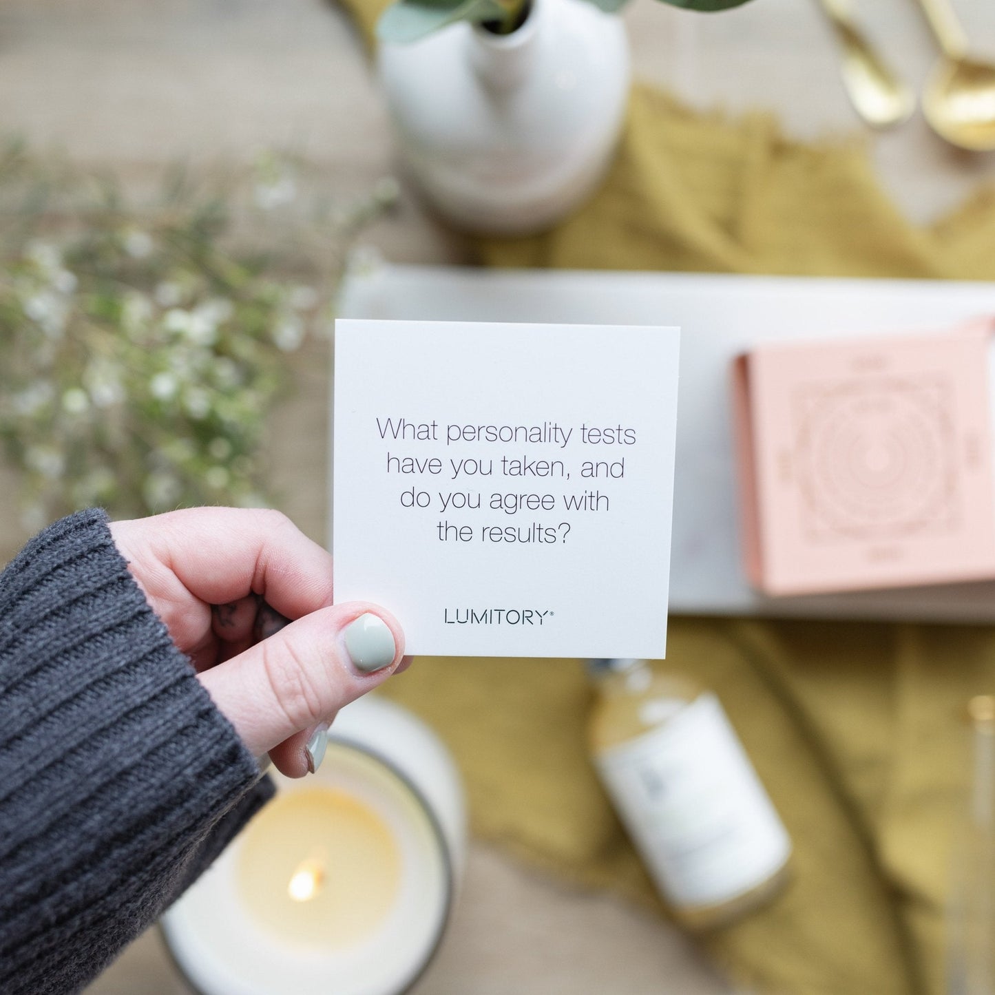 Conversation Cards Girls Night shown with a prompt card; available in standard and mini sizes.