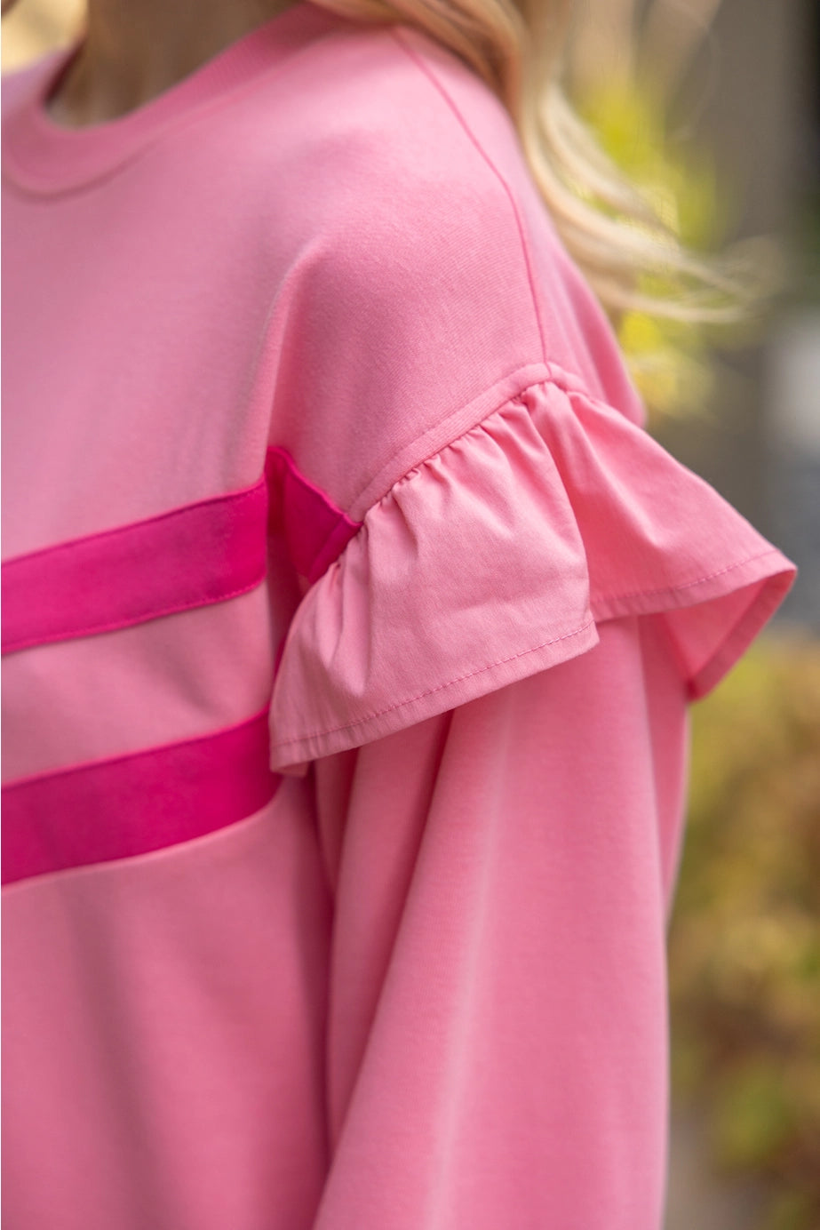 Terry Striped Dress in light and dark pink stripes, ruffled short sleeves, soft French terry. Available in sizes XS-XL.