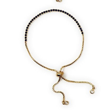 Gold adjustable bracelet with thin chain, dark blue or black stones, sliding clasp. Available in S/M and M/L sizes.