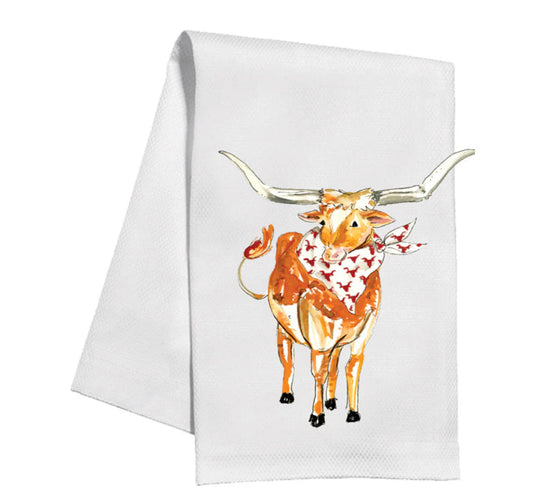 White cotton kitchen towel with watercolor longhorn cow and red bandana. Machine washable, USA made. Sizes: standard only.