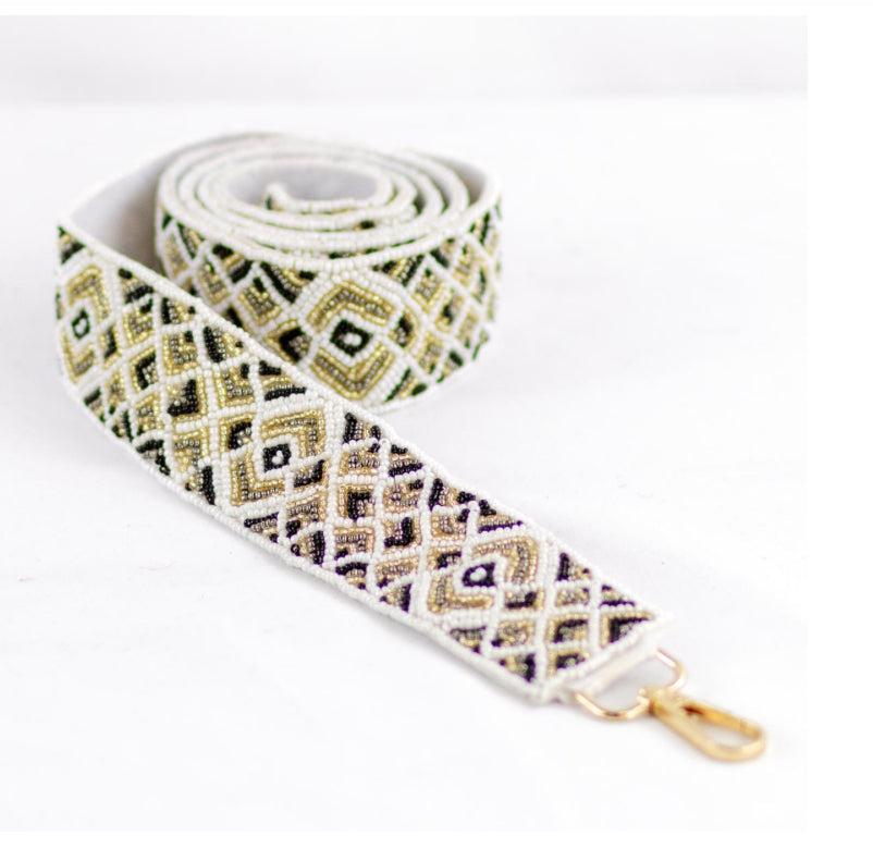 Rolled Geometric Beaded Purse Strap with gold, green, black diamond pattern and gold clasp. Sizes: S, M, L.