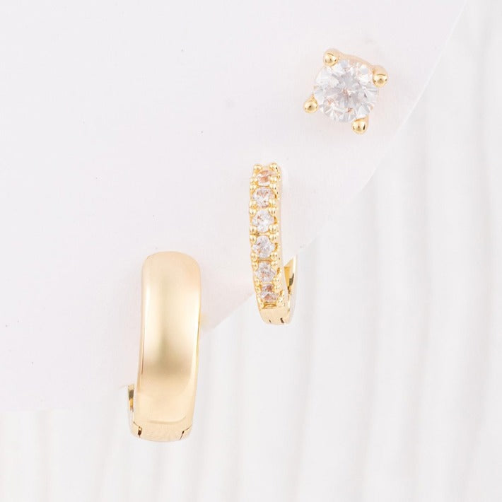 Luxe Vera Earrings set: gold hoop, crystal huggie, solitaire stud; available in S/M/L.