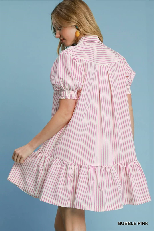 Margot Striped Dress: pink/white stripes, puffed sleeves, ruffled hem. Available in sizes XS–XL.