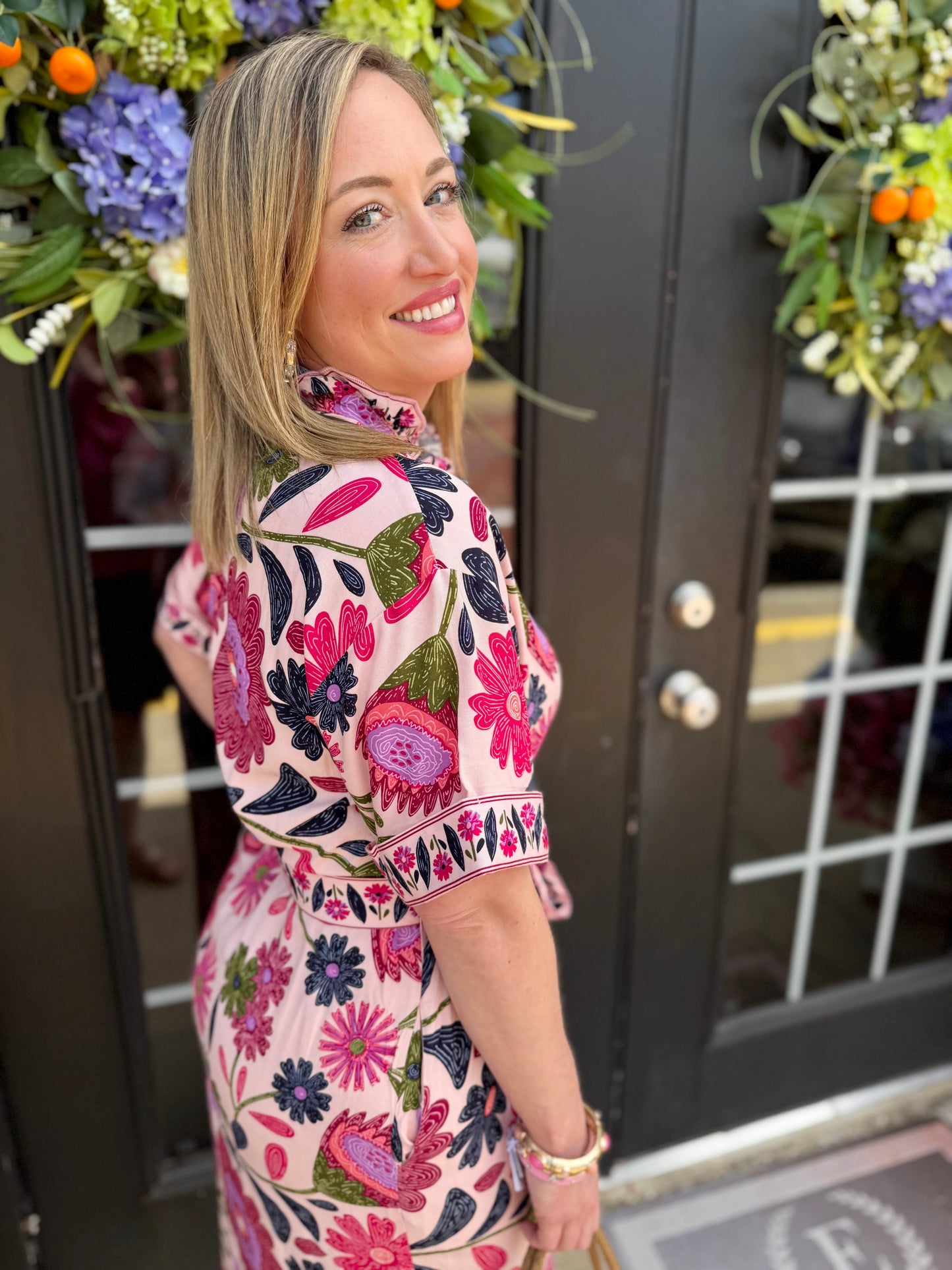 Pink Button-Up Belted Floral Midi Dress in vibrant summer print. Available in sizes XS–XL.