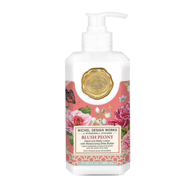 Blush Peony Hand & Body Lotion in white pump bottle, shea butter formula. 12 fl oz (354 mL).