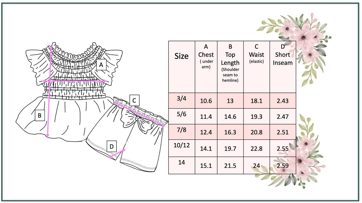 Girls Leopard Shirred Short Set size chart with chest, top length, waist, inseam; sizes 2T-10Y; product shown with measurement lines.