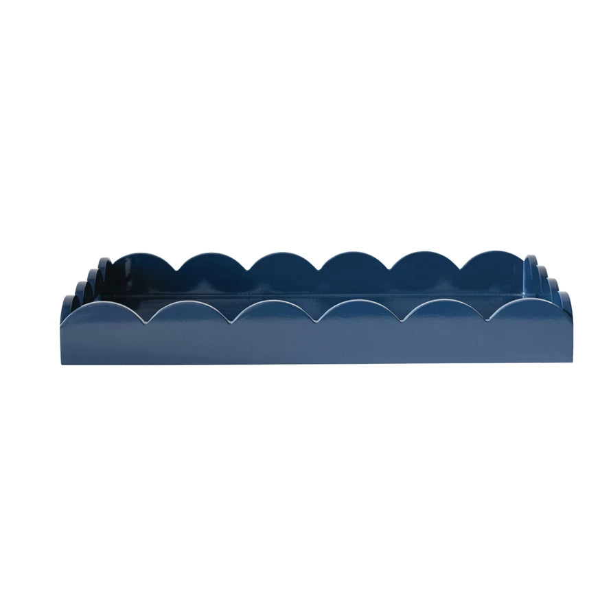 Rectangular navy blue tray with scalloped edges, handles, and high sides. Available in multiple sizes.