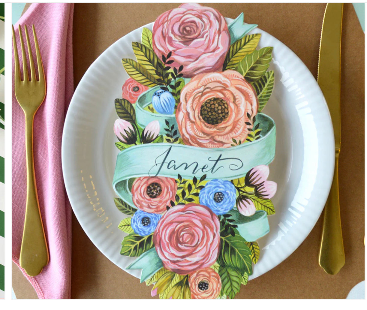 Kraft French Frame card, "Janet" on blue ribbon with pink and blue flowers. Sizes: 3x4", 4x6".