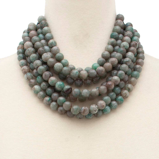 Chunky Beaded Layered Necklace with round green and brown marbled beads. Available sizes: 16", 18", 20".