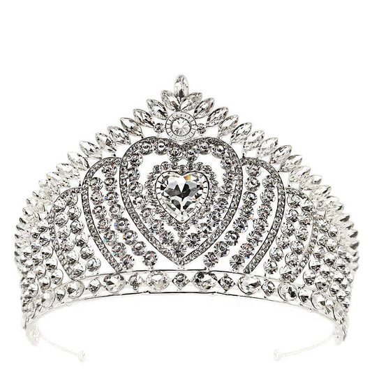 Crystal tiara, silver metal, large with heart details and large heart crystal in middle