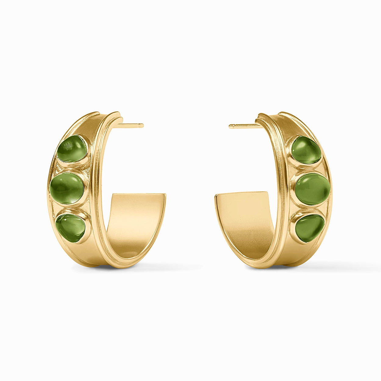 Dolce Stone Hoop Gold Earrings, 24K gold-plated, three iridescent green stones. Sizes available: not specified.