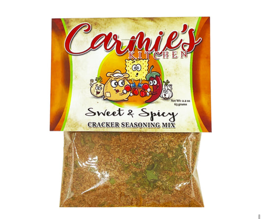 Cracker Seasoning Mix in a clear pouch with a colorful label; available in 4oz and 8oz sizes.