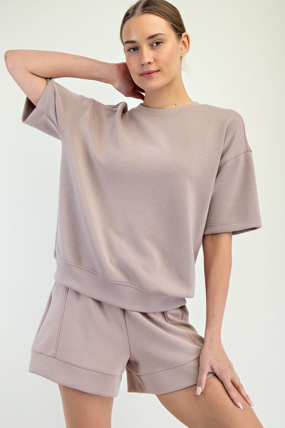 Loose-fitting, short-sleeved Modal Scuba Top in sizes XS-XL.