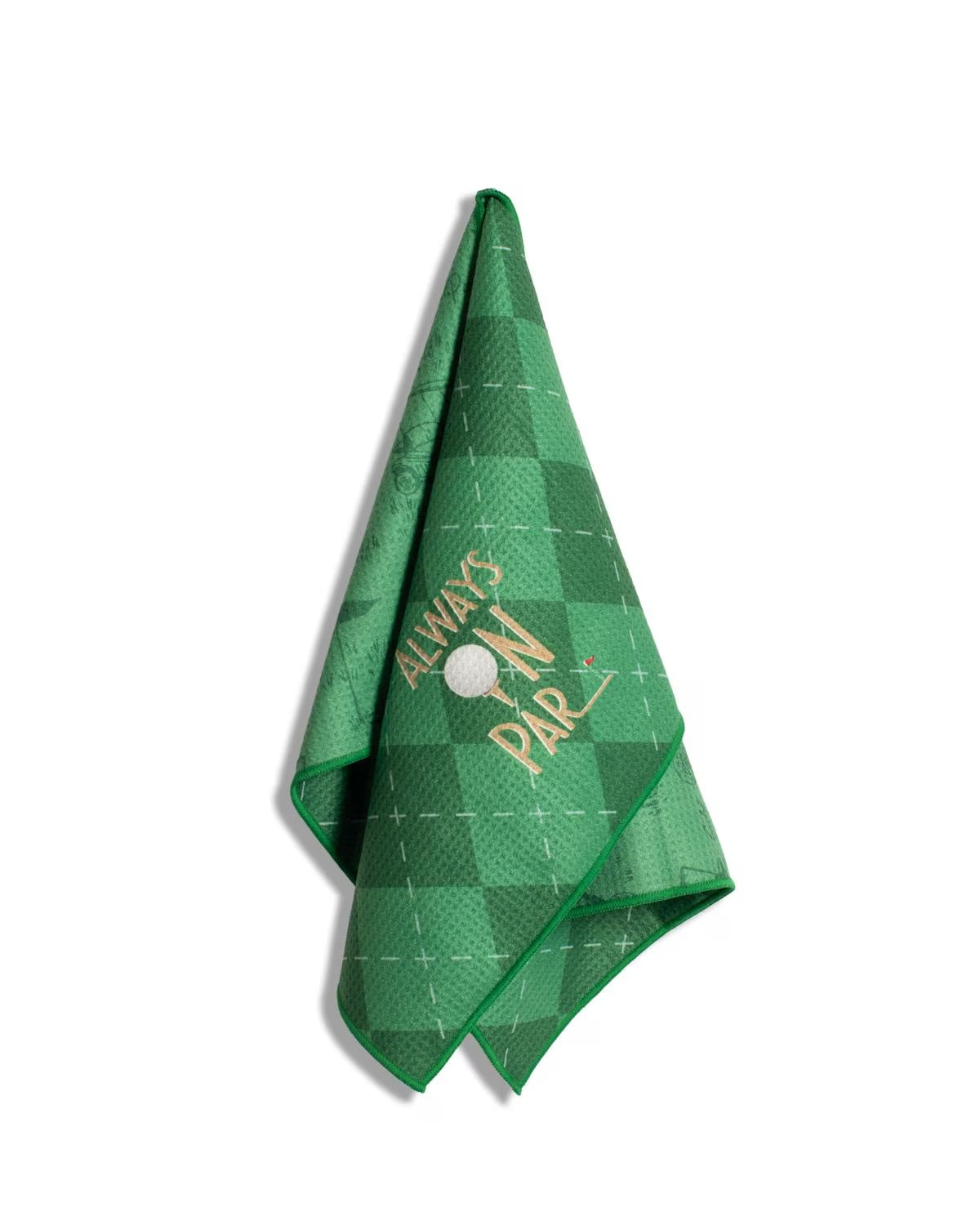 Green checkered On Par Waffle Sports Towel with golf ball, tee graphics, and "Always on Par" text; available in multiple sizes.