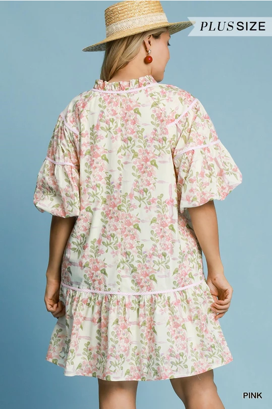 Floral Everlee Dress: mini, pink and green floral, short puff sleeves, tiered hem. Available in sizes XS-XL.