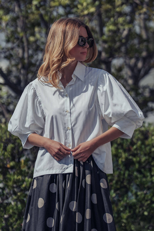 Western Boho Drop Waist White Stripe Blouse; available in sizes XS-XL.