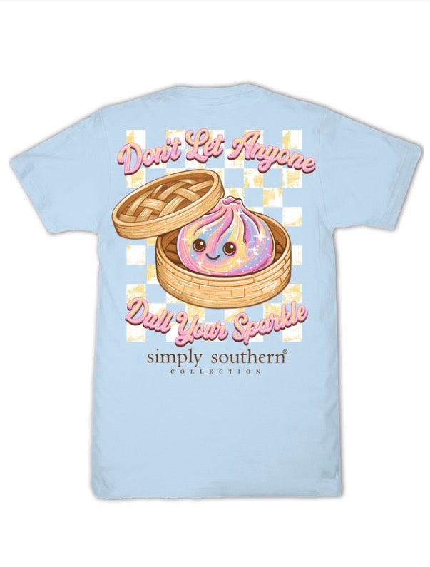 Light blue graphic tee with sparkling dumpling design, uplifting message, Simply Southern logo. Available in sizes S-XXL.