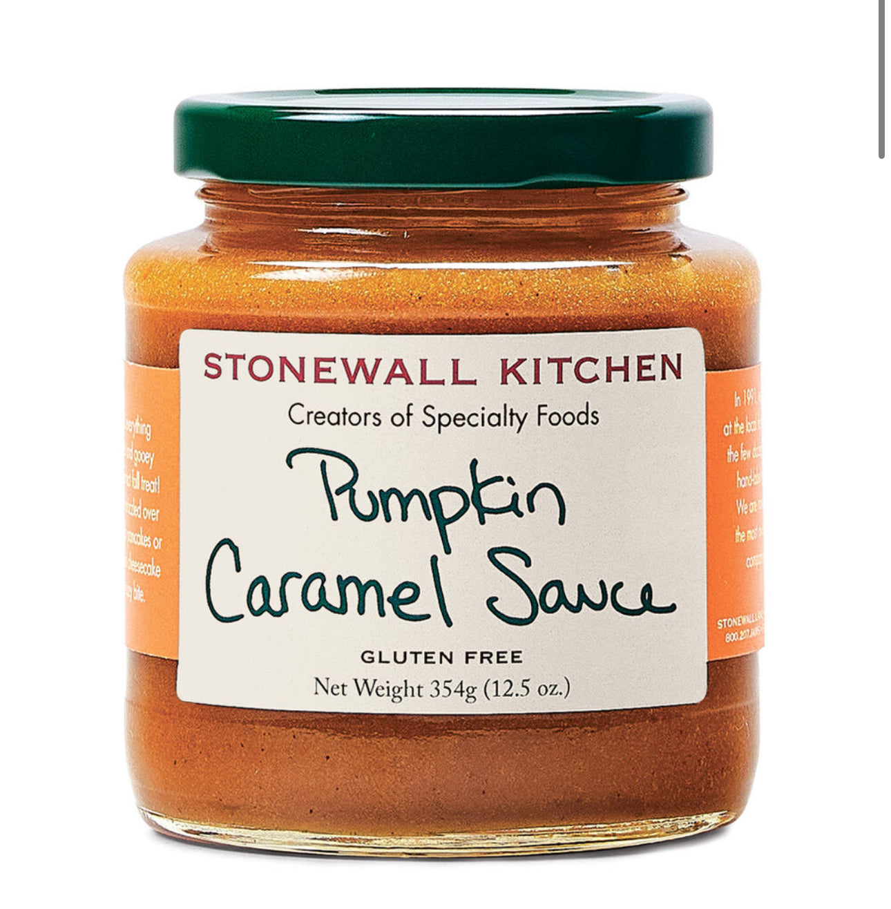 Stonewall Kitchen Sauces jar, green lid, white label, gluten-free. Net weight: 354g (12.5 oz).