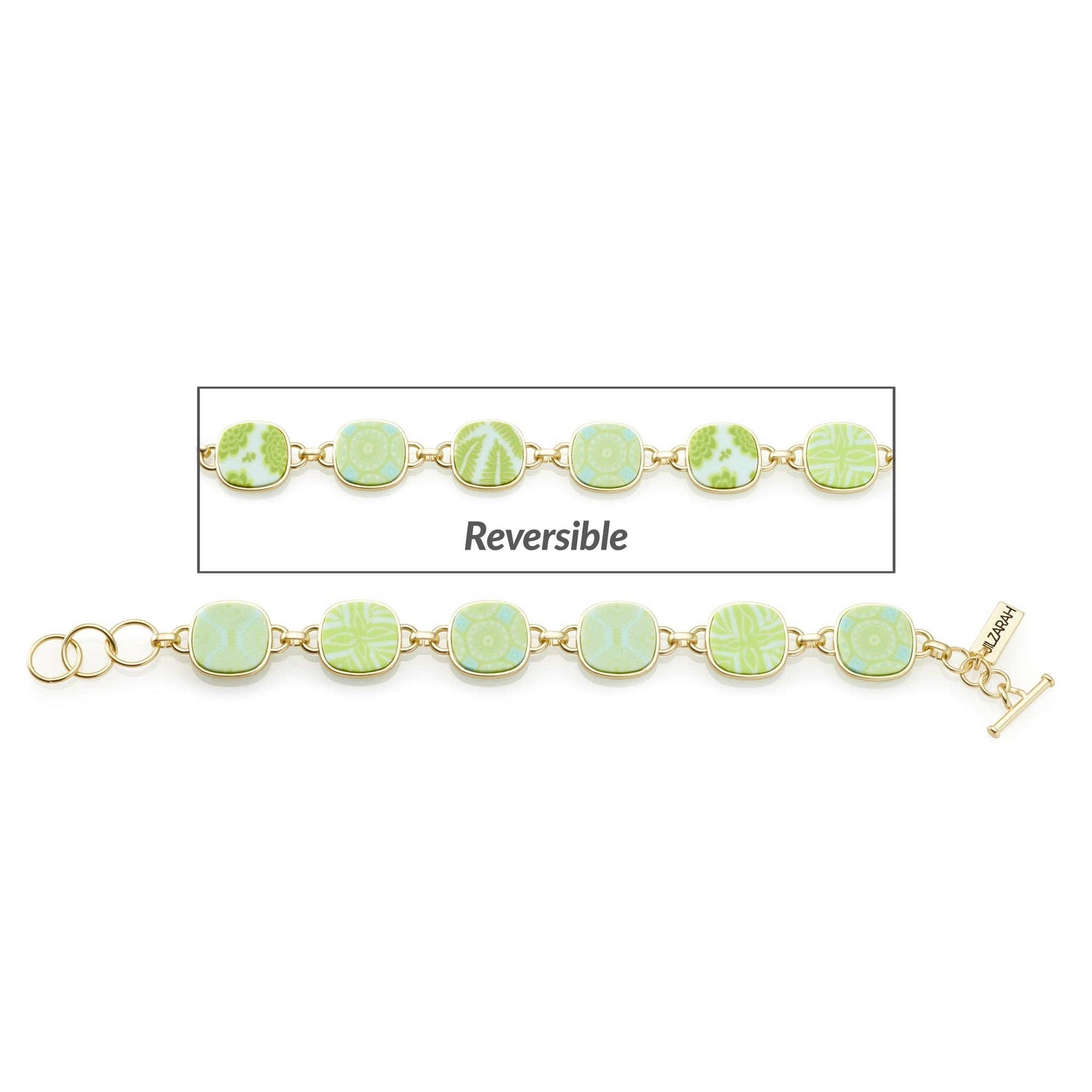 Palm Beach Reversible Coin Bracelet with linked square beads, Matte Gold plating. One side: Seaside Green with various patterns. Other side: Brighter green with floral motifs. T-bar clasp engraved with brand name. Available sizes: Small, Medium, Large.