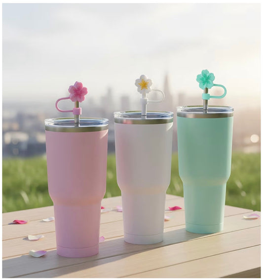 Pink, white, and mint green tall tumblers with Tropical Flower Straws and silicone tips; available in 16oz, 20oz, and 24oz sizes.