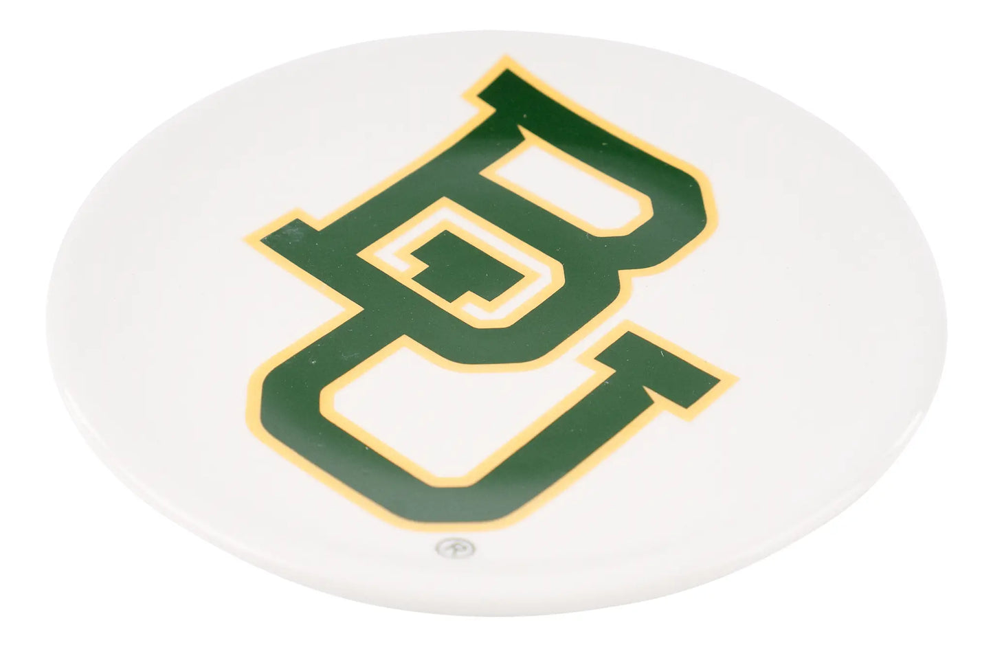 White round tray with Baylor’s green and gold “BU” logo in center. Available in multiple sizes.