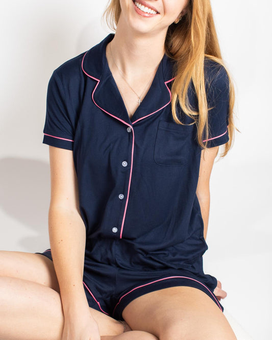 Elizabeth Short Sleeve Button Up Sleep Shirt, navy blue with pink piping, elastic waistband, available in sizes XS-XL.