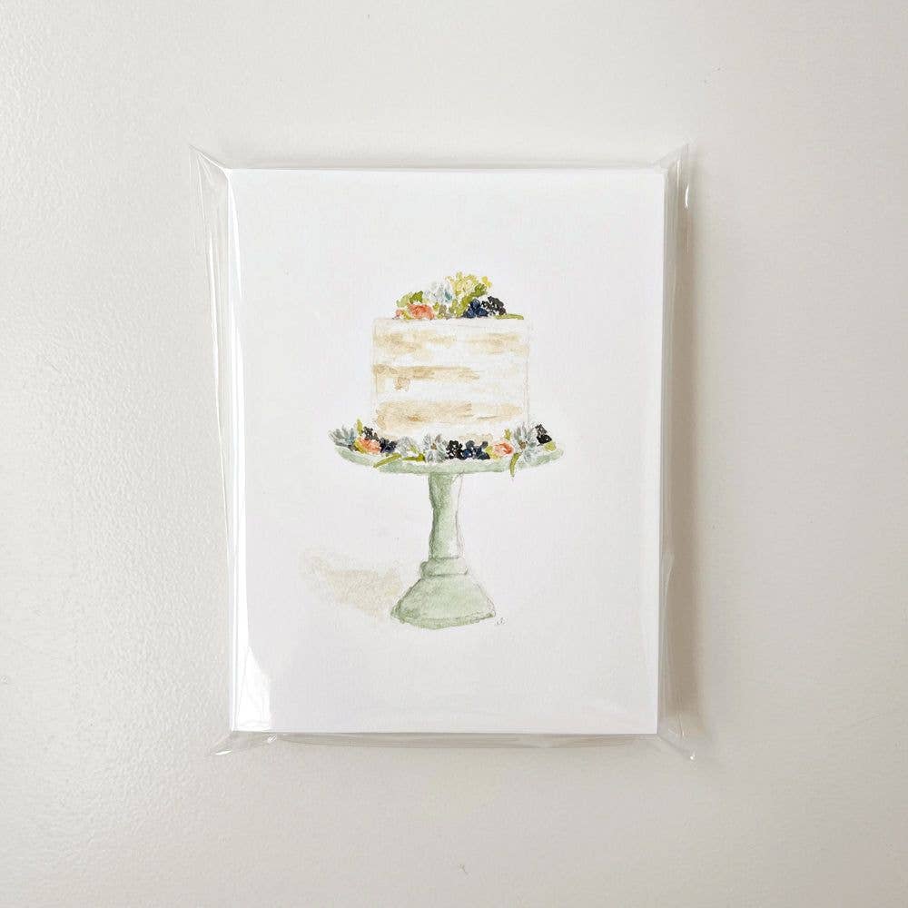 Set of 8 white notecards with watercolor fruit-topped cake on green stand. Sizes: standard note card.