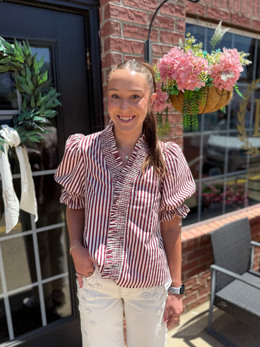 Maroon Striped Cinched Blouse with adjustable waist; available in sizes XS to XL.