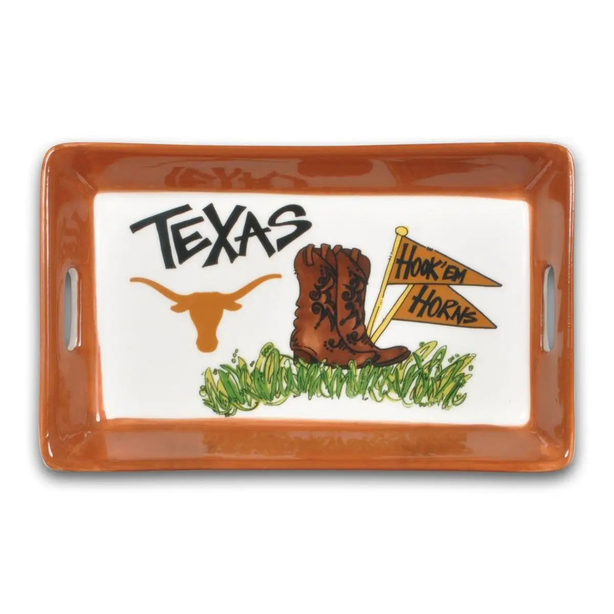 UT Ceramic Mini Tray with brown edges, "TEXAS," Longhorn, boots, orange pennants. Size: mini.