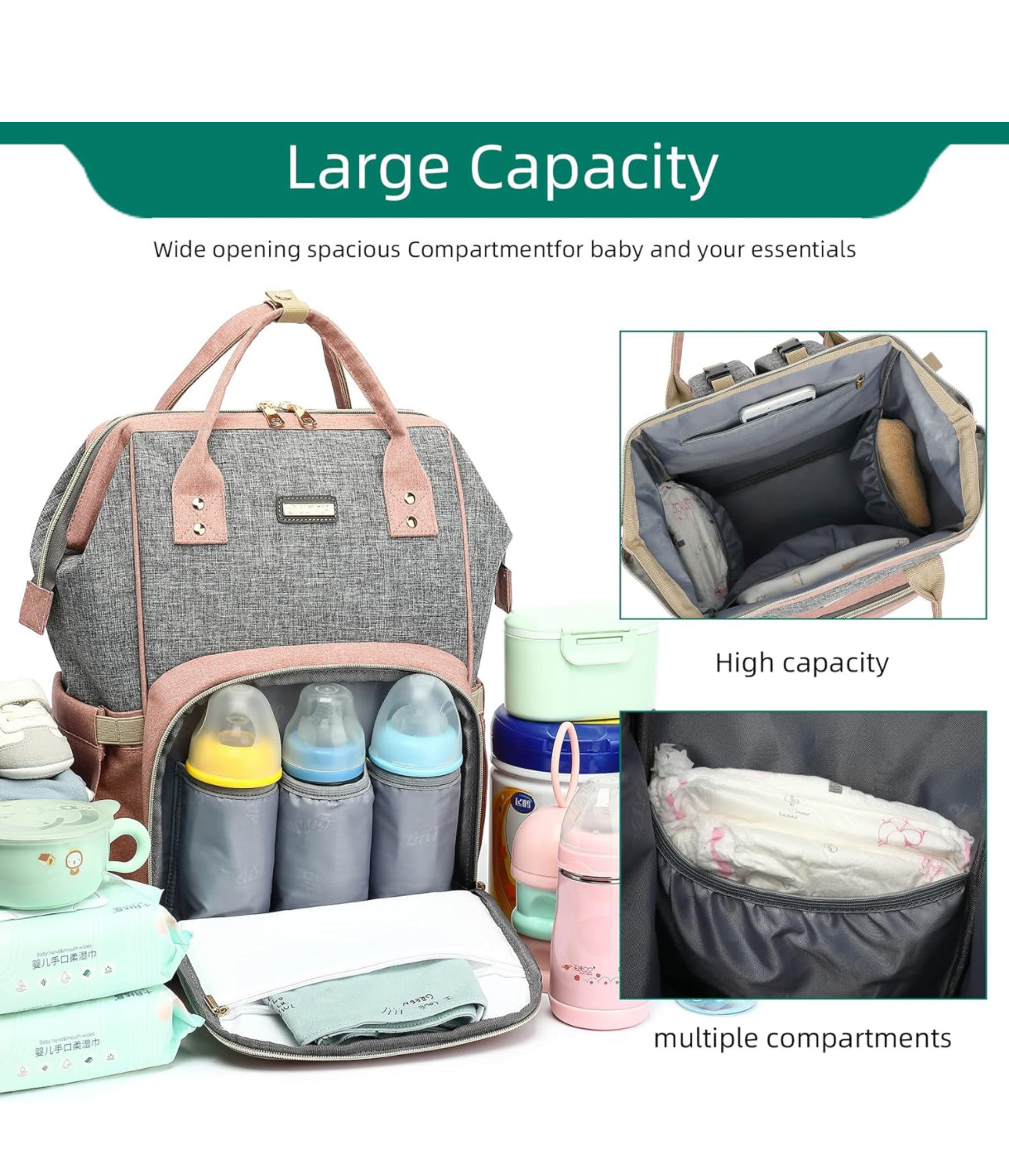 Large capacity diaper bag with multiple compartments