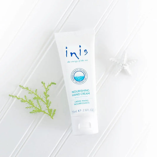 Inis Nourishing Hand Cream tube with light, clean packaging and blue-green text. Available in 30ml and 75ml sizes.