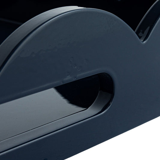 Dark blue lacquered scalloped tray with glossy finish, curved edge, oval handle cutout; available in multiple sizes.