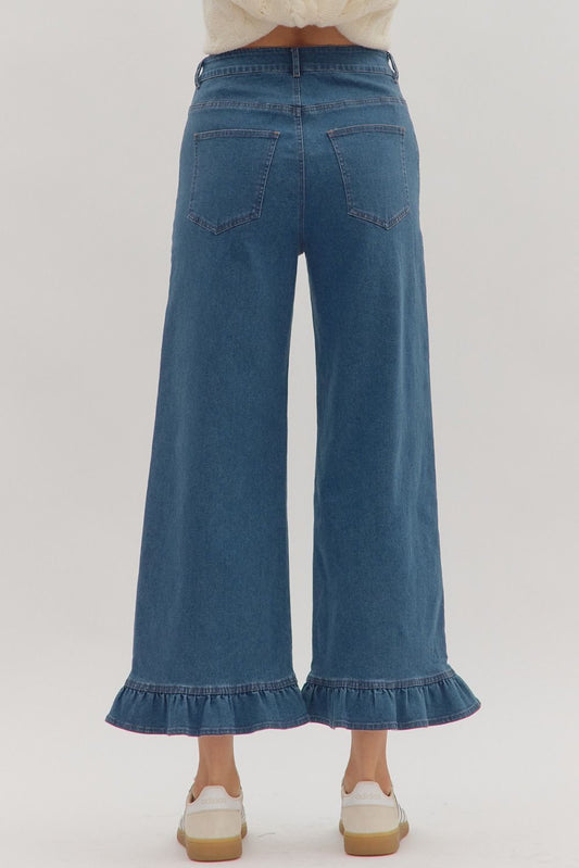 Leah Ruffle Trim Pants: high-waisted, wide-leg cotton, ruffle hems, two back pockets, cropped. Sizes XS–XL.