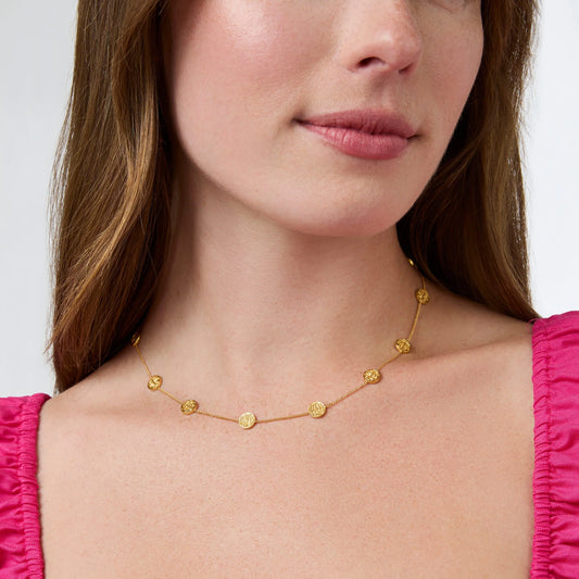 Valencia Delicate Station Necklace: gold chain with small circular pendants. Available in 16", 18", and 20" lengths.