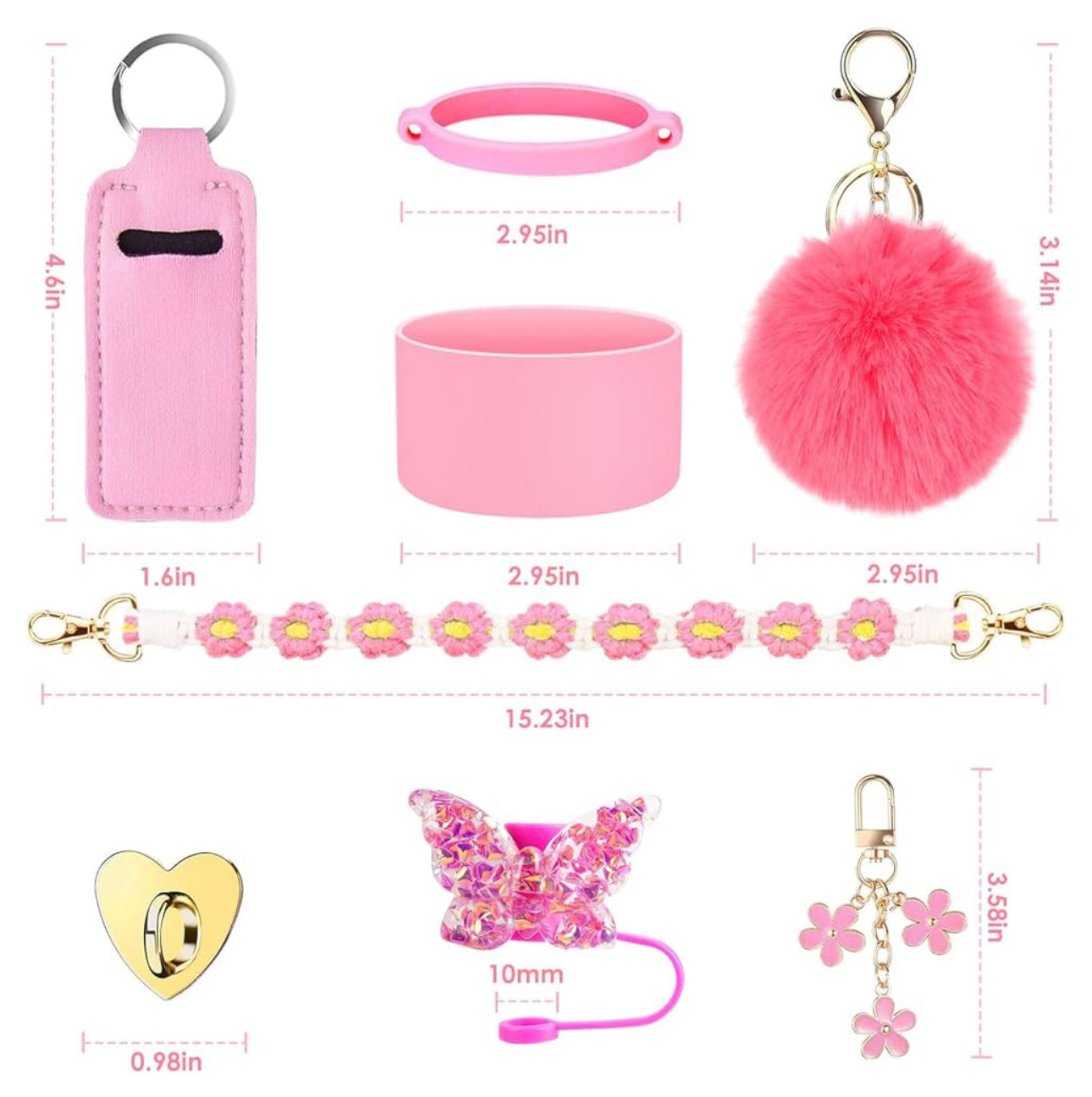 Stanley Pink Accessory Kit: 9 pink cup accessories—keychain, bangle, lanyard, ring. Sizes listed for each item.