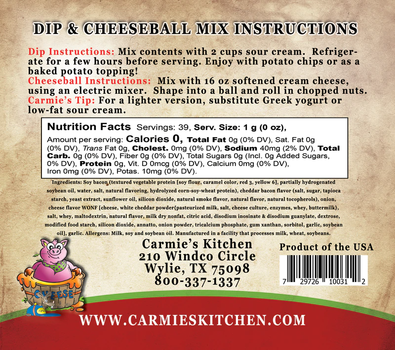Cheddar Bacon Dip Mix back: mixing instructions, nutrition facts, contact info, details, cartoon cow. Available in 1 oz size.