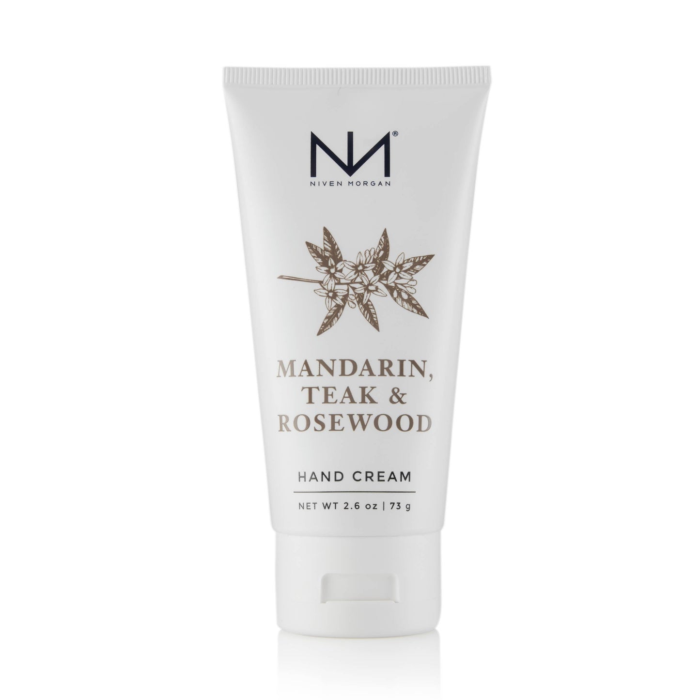 Mandarin, Teak & Rosewood Travel Hand Cream in white 2.6 oz (73 g) tube with floral design and black text.