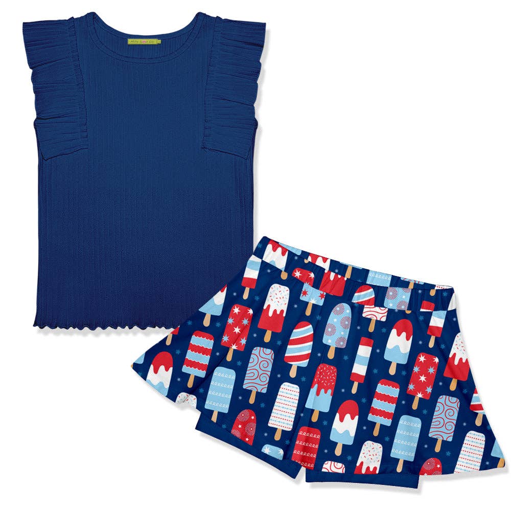 Girls navy ribbed ruffle sleeveless top with popsicle-print skort, available in size 6.