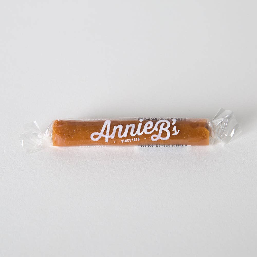 Handmade Caramel in clear plastic with "Annie B's" in white. Available in standard and mini sizes.