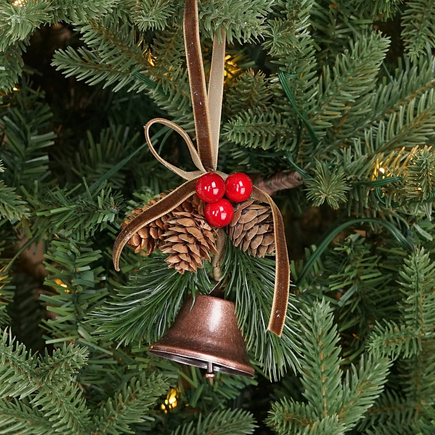5inL Hanging Decor-Bronze Bell, pinecones, berries