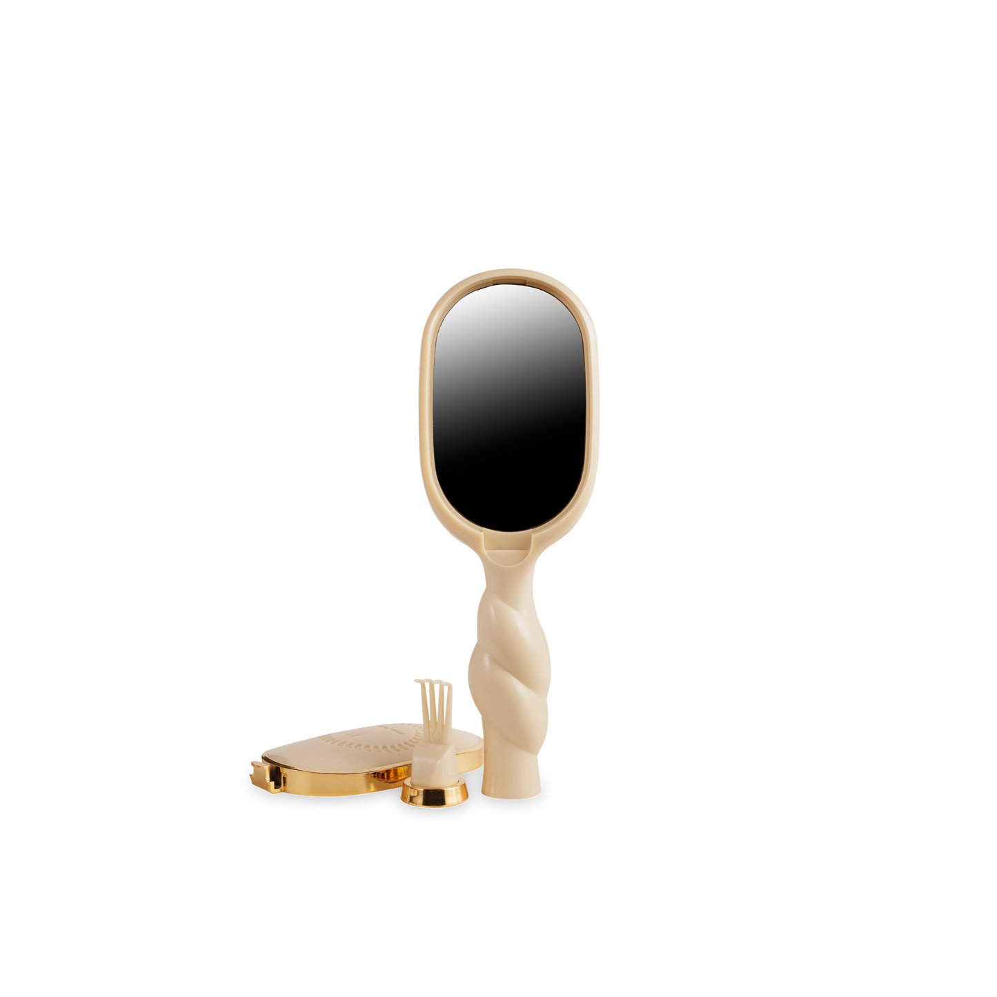 Beige hand mirror with twisted handle; available in one standard size.