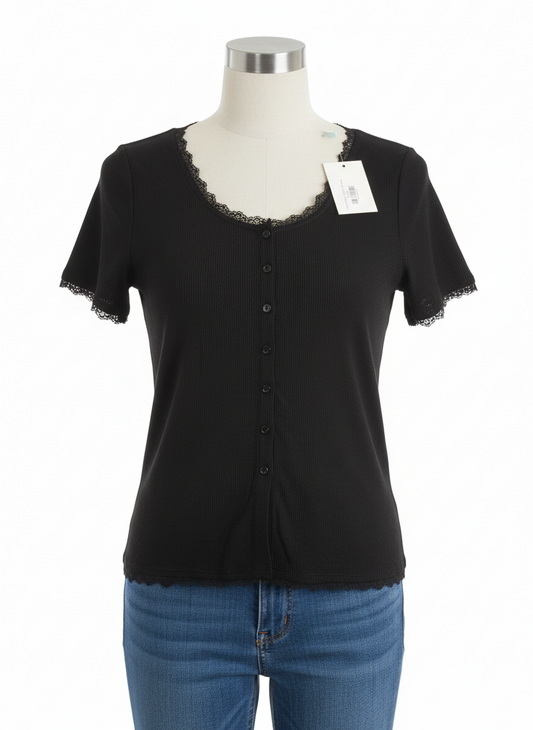 Black Lace Ribbed Short Sleeve Top | P.S Love