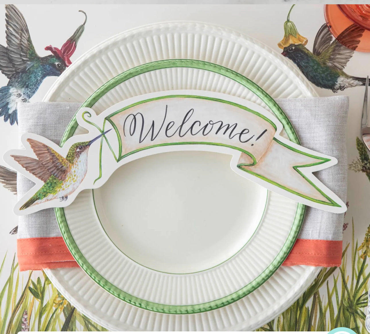 White plate with green trim; available in 8", 10", and 12" sizes.