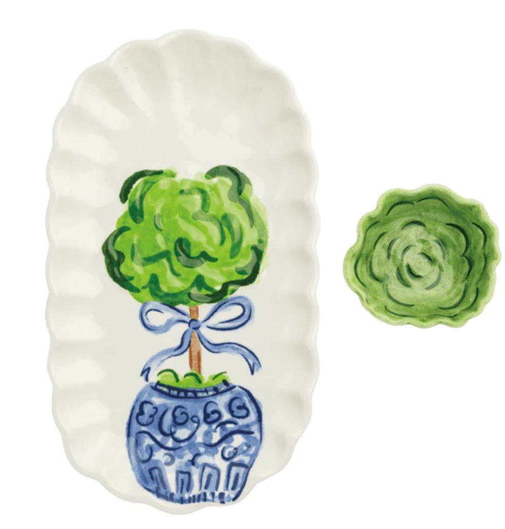 Hand-painted ceramic Topiary Tray Tidbit Set: server with tree in blue pot and ribbon; includes sizes S, M, L.