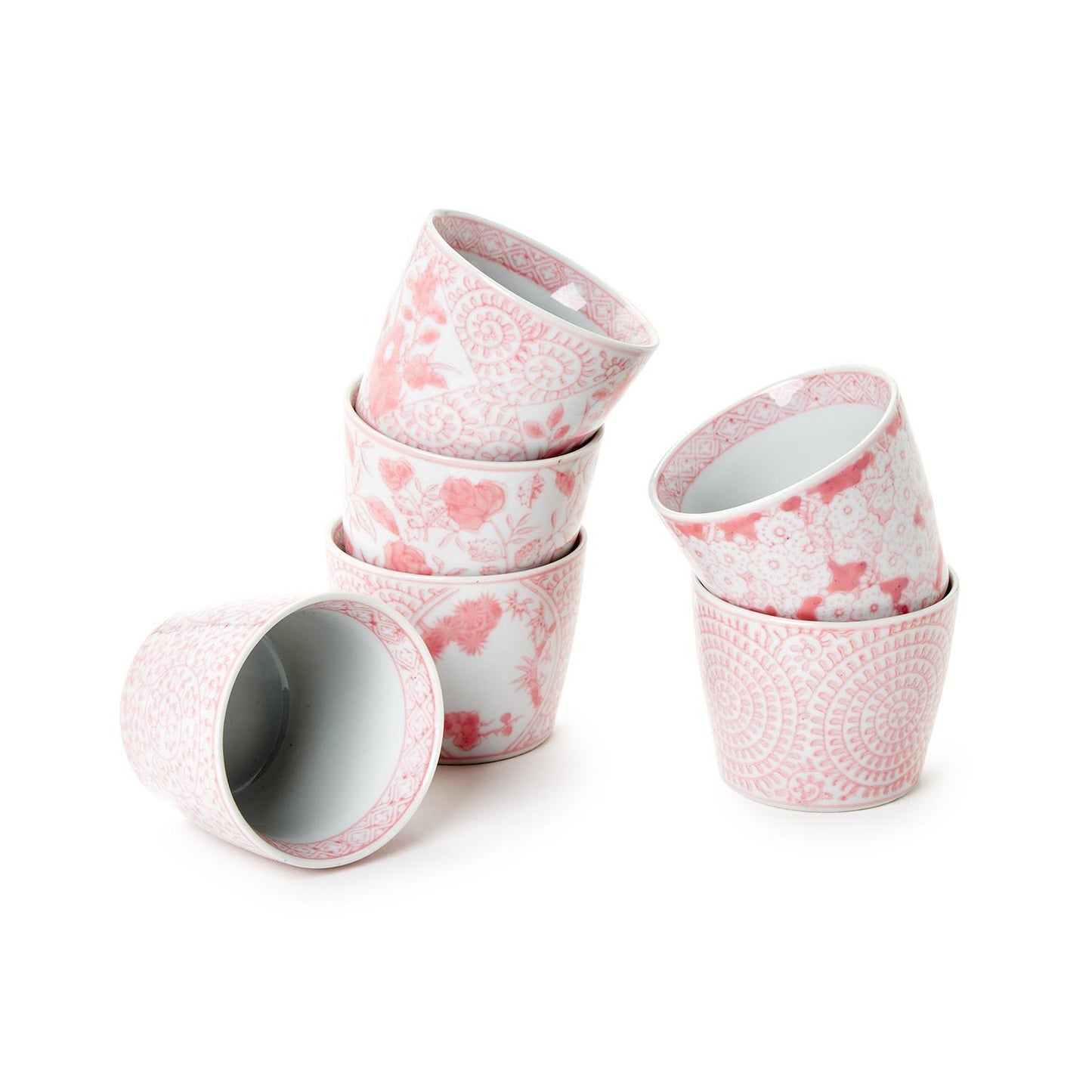 Pink Chinoiserie cachepot with hand-painted floral and geometric patterns. Available sizes: small, medium, large.