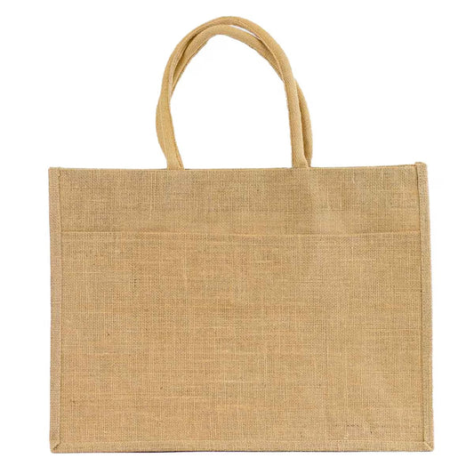 Plain rectangular jute tote bag with sturdy handles, natural light brown color. Available in small, medium, and large sizes.