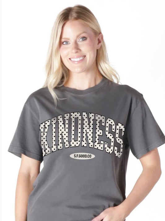 Kindness Polka Dot Graphic Tee with "KINDNESS" over "S.F.GOOD.CO." Available in sizes XS-XXL.