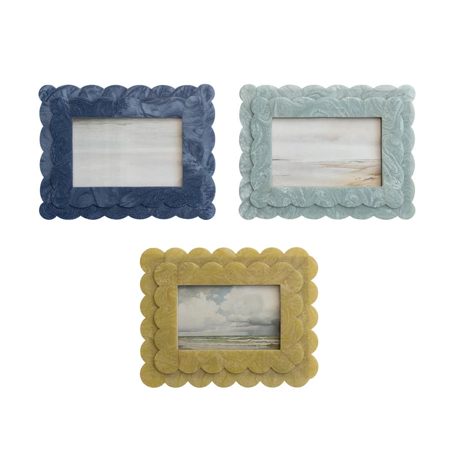 Set of three 2-layer scalloped photo frames, 4x6 size, in dark blue, light blue, and yellow.