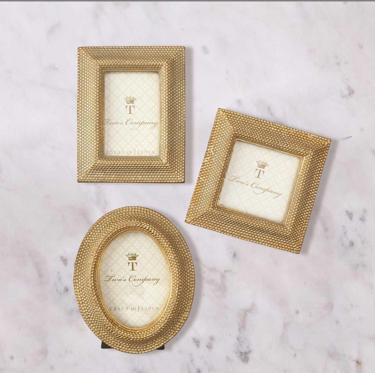Three Golden Dots Photo Frames—two rectangular, one oval—with textured gold borders. Sizes: 4"x6", 5"x7", and 6"x8".