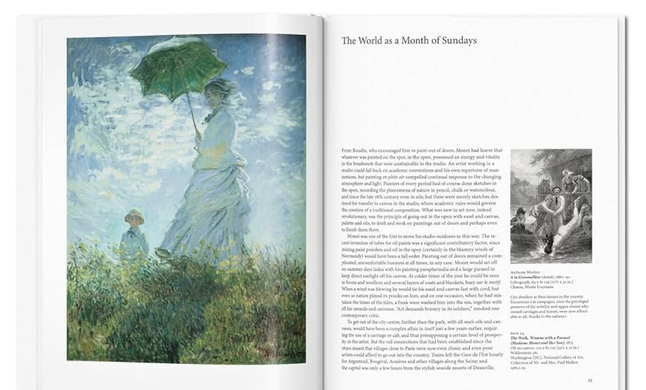 Monet book featuring a plein air painting on the left page and accompanying text on the right page. Available in standard print size.